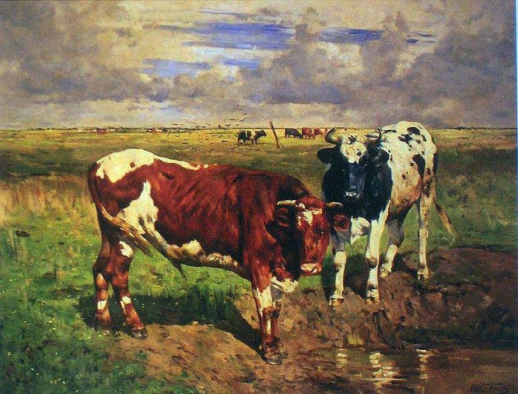 unknow artist Young bulls at a watering place Germany oil painting art